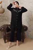 Tesettür giyim SİYAH ZİNCİR DETAYLI DÜĞMELİ İKİLİ PANTOLONLU TAKIM T 5203