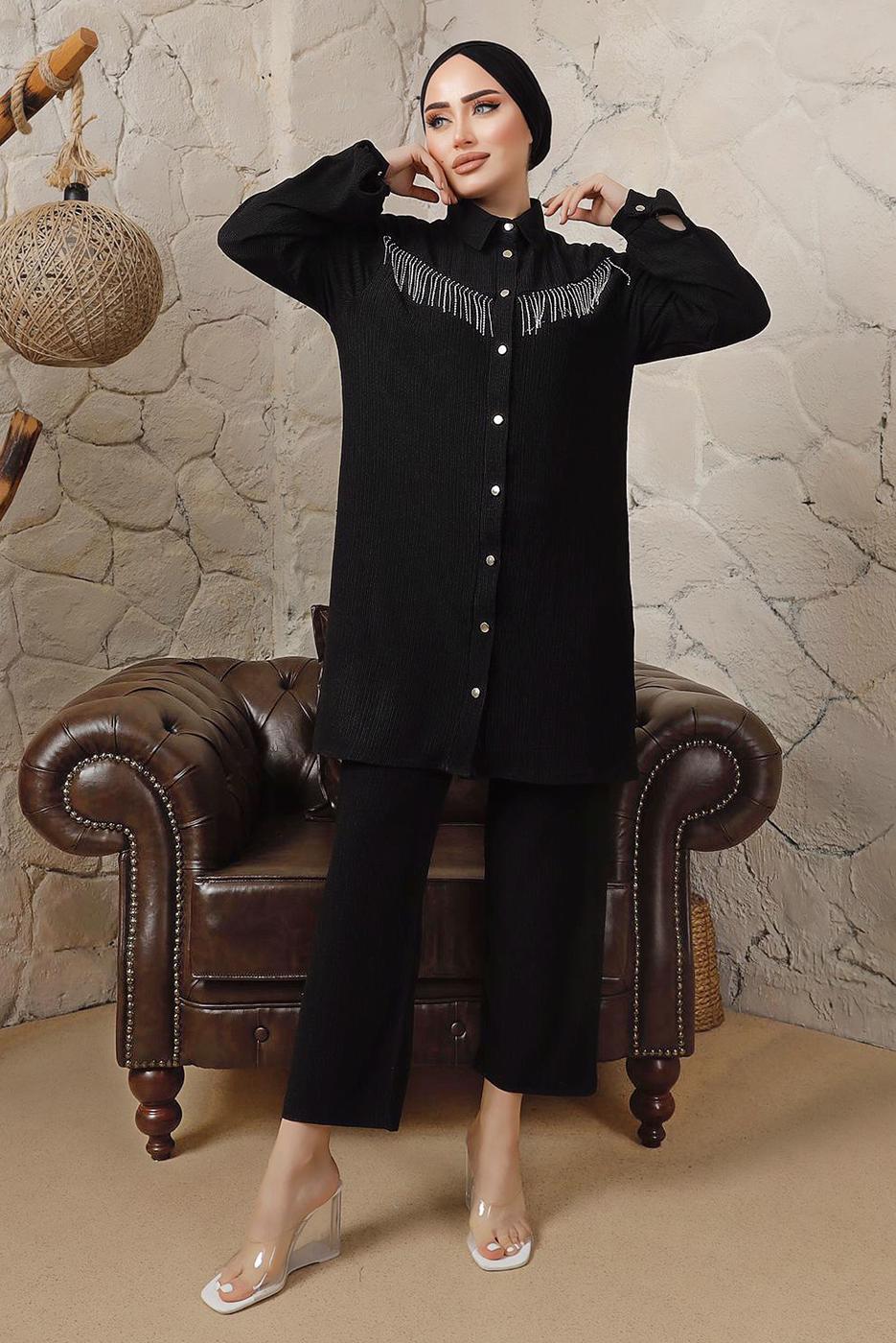 Tesettür giyim SİYAH ZİNCİR DETAYLI DÜĞMELİ İKİLİ PANTOLONLU TAKIM T 5203