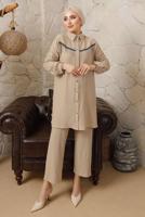 Tesettür giyim BEJ ZİNCİR DETAYLI DÜĞMELİ İKİLİ PANTOLONLU TAKIM T 5203