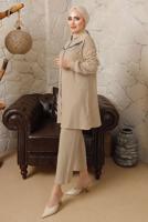 Tesettür giyim BEJ ZİNCİR DETAYLI DÜĞMELİ İKİLİ PANTOLONLU TAKIM T 5203