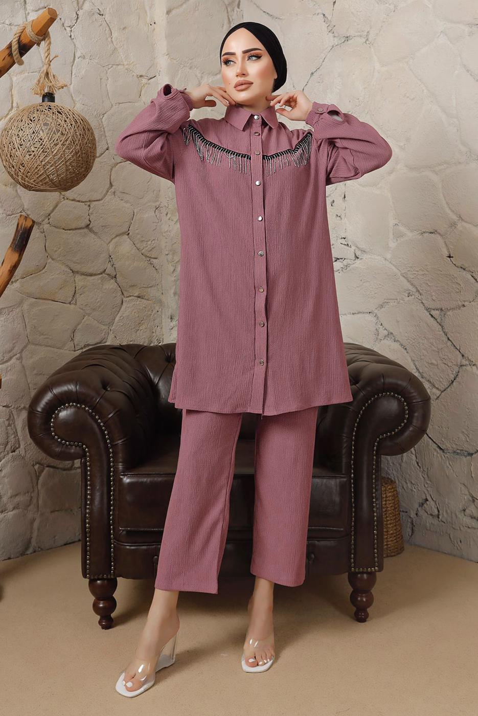 Tesettür giyim MOR ZİNCİR DETAYLI DÜĞMELİ İKİLİ PANTOLONLU TAKIM T 5203