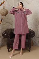 Tesettür giyim MOR ZİNCİR DETAYLI DÜĞMELİ İKİLİ PANTOLONLU TAKIM T 5203