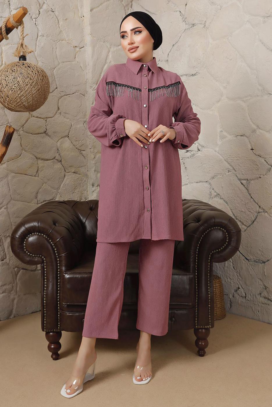 Tesettür giyim MOR ZİNCİR DETAYLI DÜĞMELİ İKİLİ PANTOLONLU TAKIM T 5203