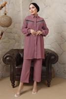 Tesettür giyim MOR ZİNCİR DETAYLI DÜĞMELİ İKİLİ PANTOLONLU TAKIM T 5203