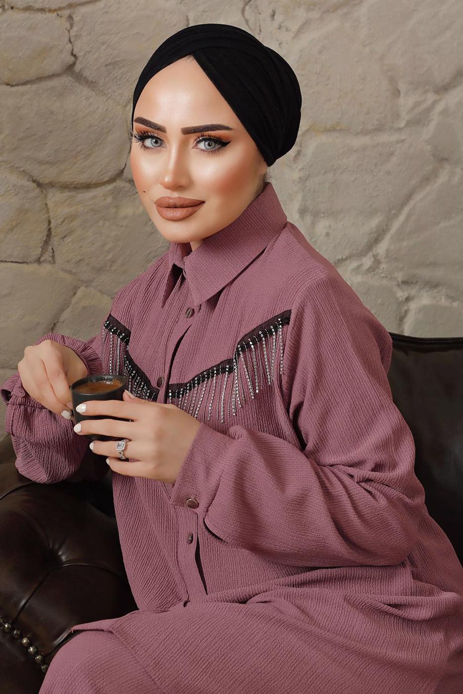 Tesettür giyim MOR ZİNCİR DETAYLI DÜĞMELİ İKİLİ PANTOLONLU TAKIM T 5203