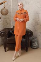 Tesettür giyim TURUNCU ZİNCİR DETAYLI DÜĞMELİ İKİLİ PANTOLONLU TAKIM T 5203