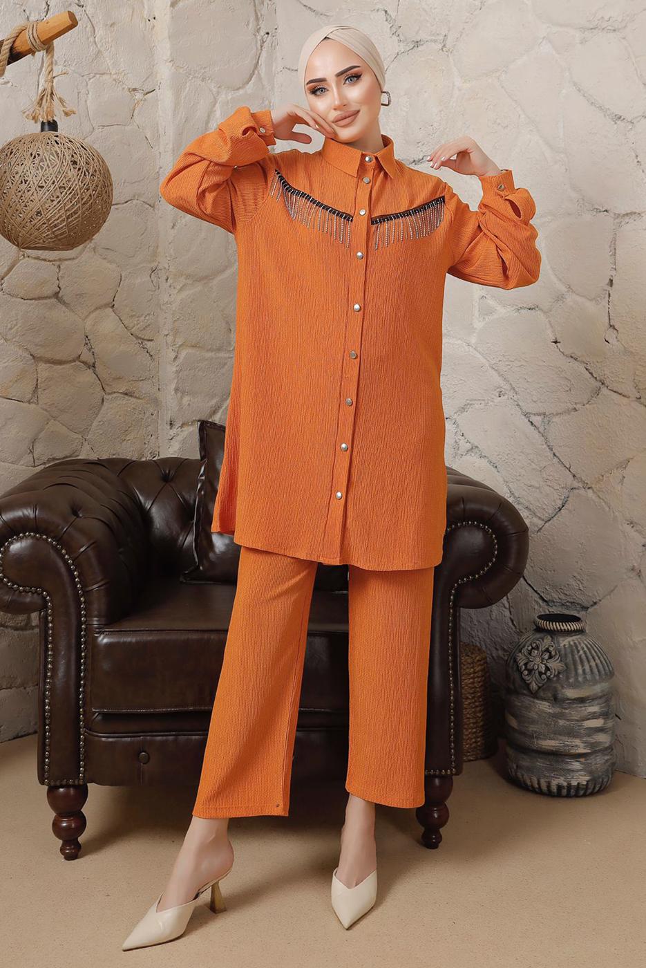 Tesettür giyim TURUNCU ZİNCİR DETAYLI DÜĞMELİ İKİLİ PANTOLONLU TAKIM T 5203