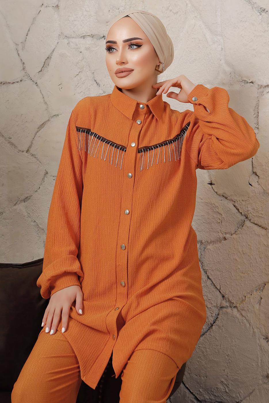 Tesettür giyim TURUNCU ZİNCİR DETAYLI DÜĞMELİ İKİLİ PANTOLONLU TAKIM T 5203