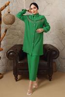 Tesettür giyim YEŞİL ZİNCİR DETAYLI DÜĞMELİ İKİLİ PANTOLONLU TAKIM T 5203