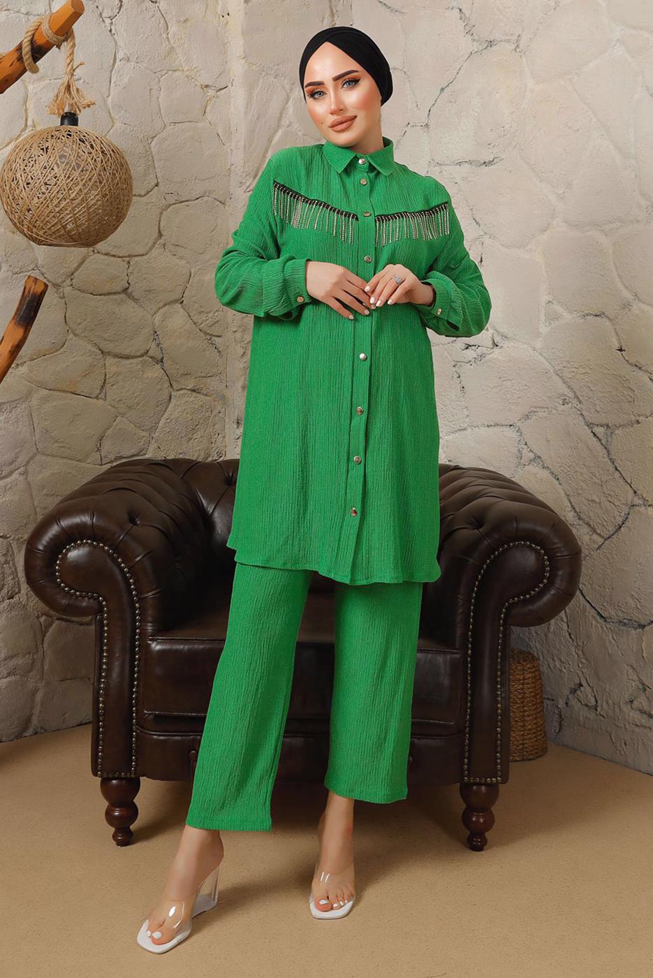 Tesettür giyim YEŞİL ZİNCİR DETAYLI DÜĞMELİ İKİLİ PANTOLONLU TAKIM T 5203