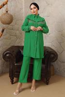 Tesettür giyim YEŞİL ZİNCİR DETAYLI DÜĞMELİ İKİLİ PANTOLONLU TAKIM T 5203