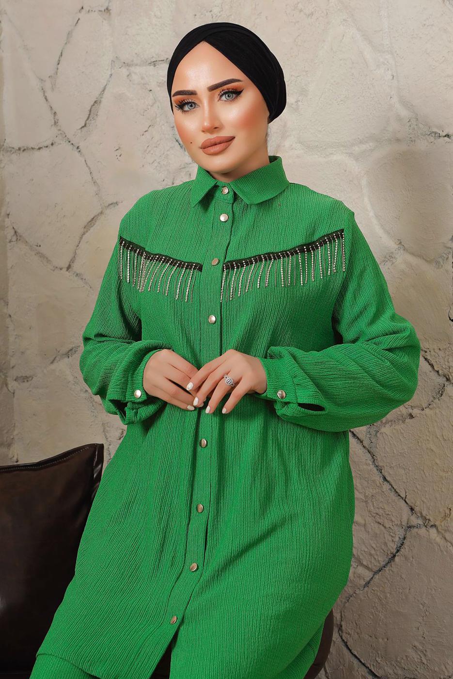 Tesettür giyim YEŞİL ZİNCİR DETAYLI DÜĞMELİ İKİLİ PANTOLONLU TAKIM T 5203