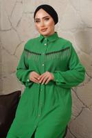Tesettür giyim YEŞİL ZİNCİR DETAYLI DÜĞMELİ İKİLİ PANTOLONLU TAKIM T 5203