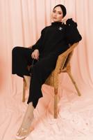Tesettür giyim SİYAH KOLU PİLİSE DETAYLI KREP PANTOLONLU TAKIM T 5303