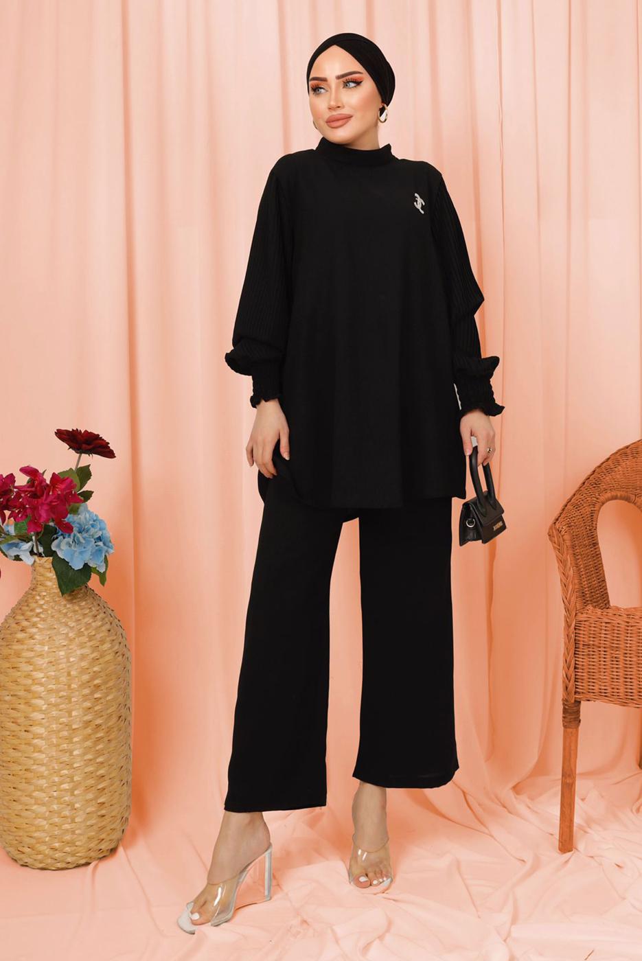 Tesettür giyim SİYAH KOLU PİLİSE DETAYLI KREP PANTOLONLU TAKIM T 5303