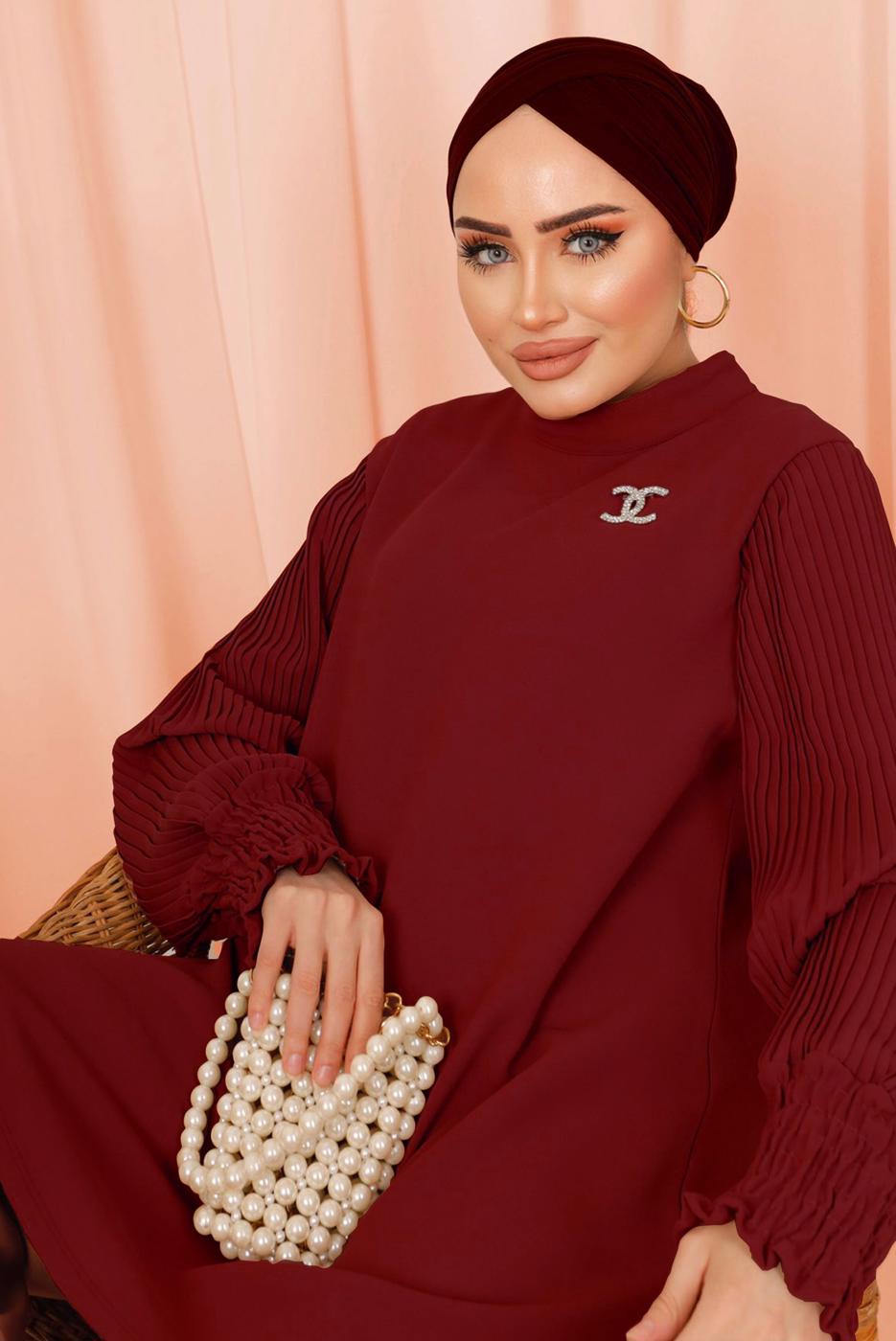 Tesettür giyim KIRMIZI KOLU PİLİSE DETAYLI KREP PANTOLONLU TAKIM T 5303