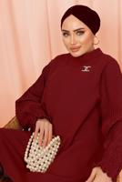 Tesettür giyim KIRMIZI KOLU PİLİSE DETAYLI KREP PANTOLONLU TAKIM T 5303