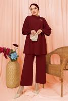 Tesettür giyim KIRMIZI KOLU PİLİSE DETAYLI KREP PANTOLONLU TAKIM T 5303