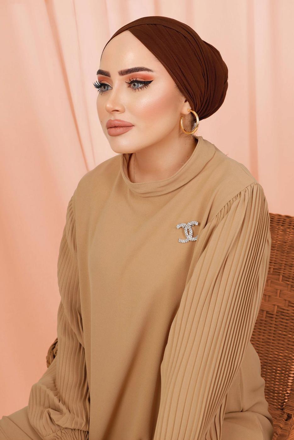 Tesettür giyim KAHVE KOLU PİLİSE DETAYLI KREP PANTOLONLU TAKIM T 5303