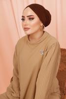 Tesettür giyim KAHVE KOLU PİLİSE DETAYLI KREP PANTOLONLU TAKIM T 5303