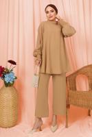 Tesettür giyim KAHVE KOLU PİLİSE DETAYLI KREP PANTOLONLU TAKIM T 5303