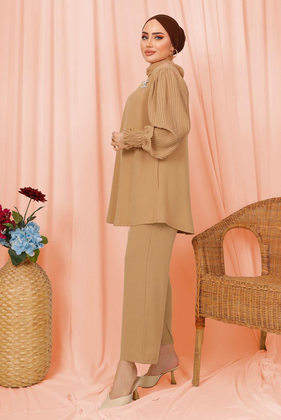Tesettür giyim KAHVE KOLU PİLİSE DETAYLI KREP PANTOLONLU TAKIM T 5303