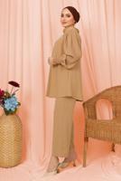 Tesettür giyim KAHVE KOLU PİLİSE DETAYLI KREP PANTOLONLU TAKIM T 5303
