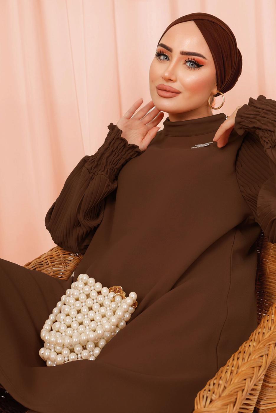 Tesettür giyim KAHVE KOLU PİLİSE DETAYLI KREP PANTOLONLU TAKIM T 5303