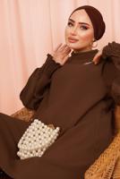 Tesettür giyim KAHVE KOLU PİLİSE DETAYLI KREP PANTOLONLU TAKIM T 5303