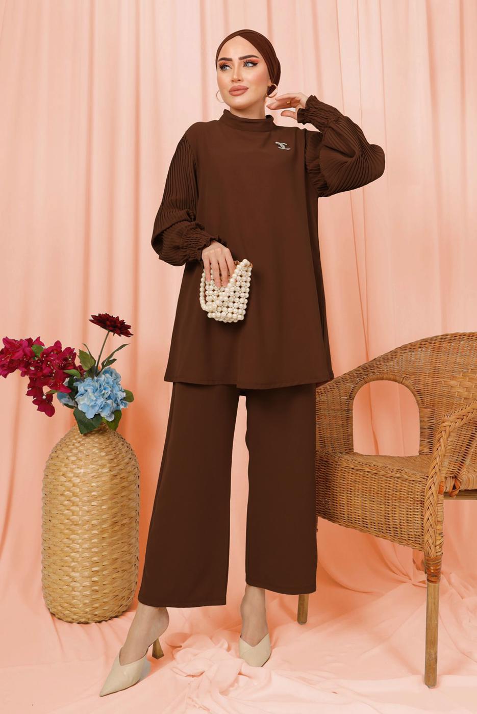 Tesettür giyim KAHVE KOLU PİLİSE DETAYLI KREP PANTOLONLU TAKIM T 5303