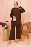Tesettür giyim KAHVE KOLU PİLİSE DETAYLI KREP PANTOLONLU TAKIM T 5303