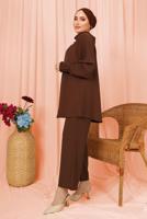 Tesettür giyim KAHVE KOLU PİLİSE DETAYLI KREP PANTOLONLU TAKIM T 5303