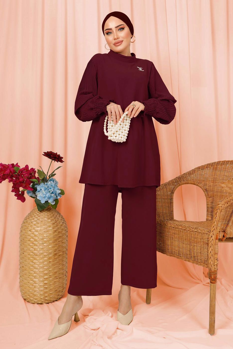 Tesettür giyim MÜRDÜM KOLU PİLİSE DETAYLI KREP PANTOLONLU TAKIM T 5303
