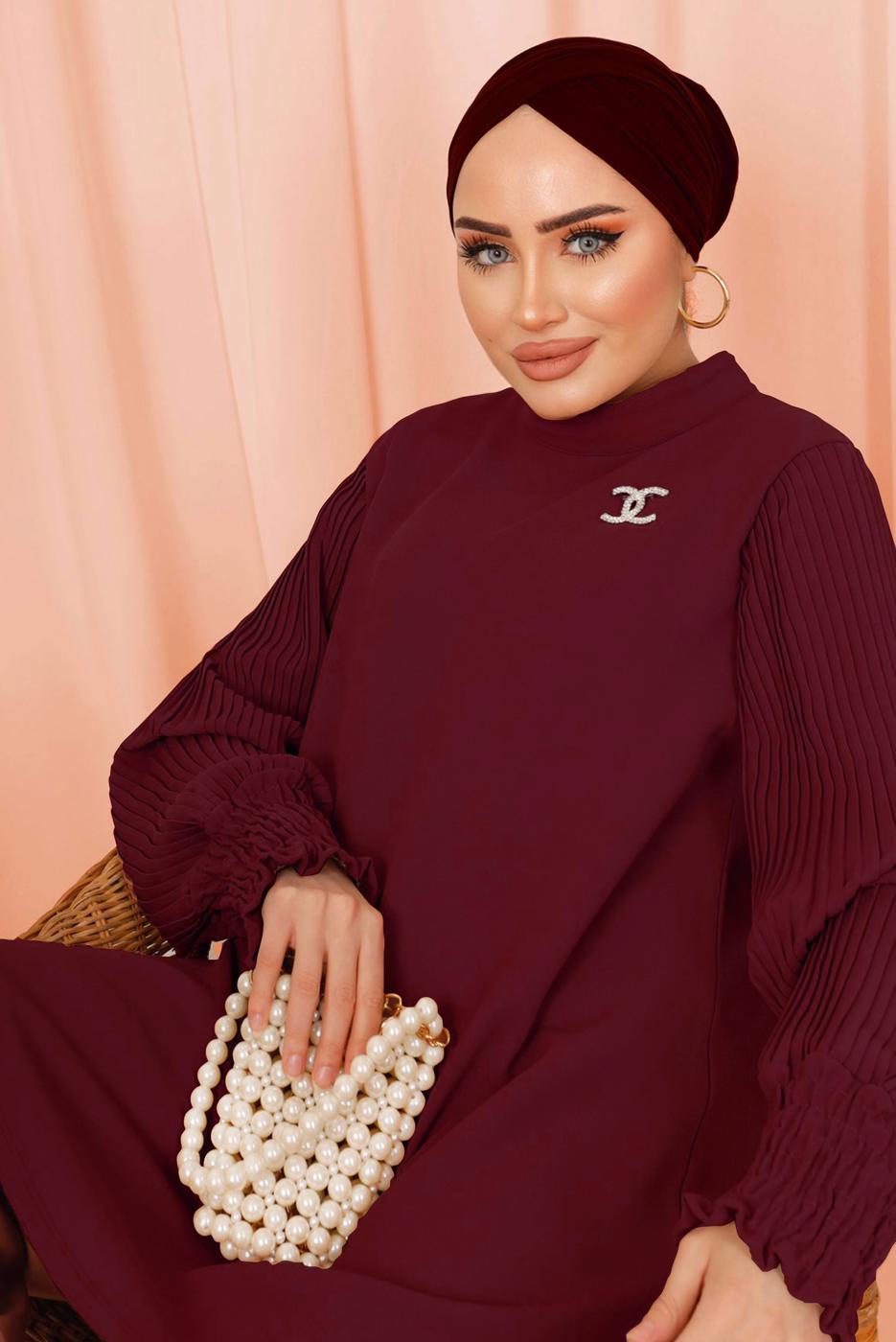 Tesettür giyim MÜRDÜM KOLU PİLİSE DETAYLI KREP PANTOLONLU TAKIM T 5303