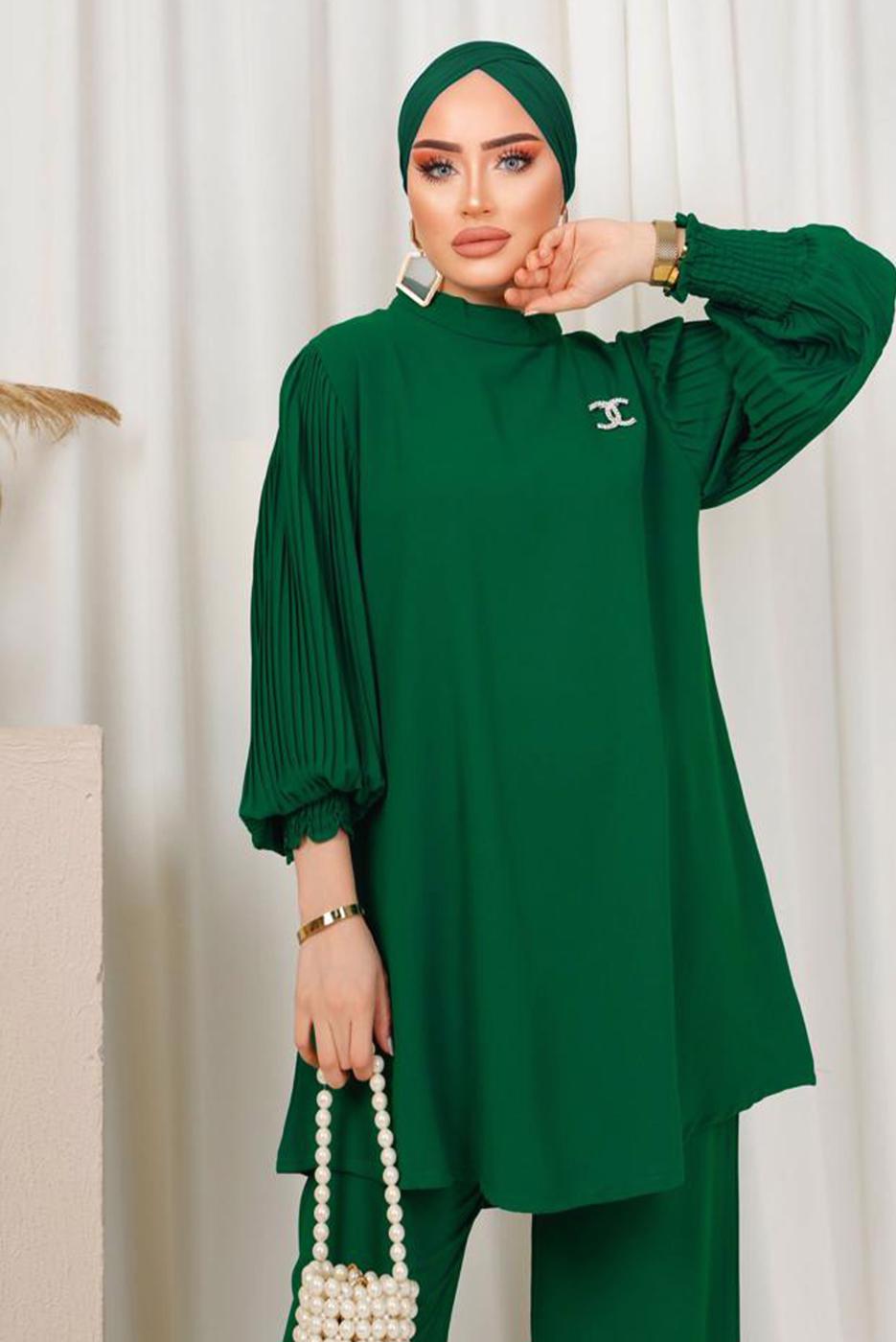 Tesettür giyim YEŞİL KOLU PİLİSE DETAYLI KREP PANTOLONLU TAKIM T 5303
