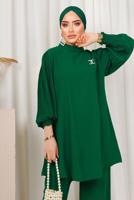 Tesettür giyim YEŞİL KOLU PİLİSE DETAYLI KREP PANTOLONLU TAKIM T 5303