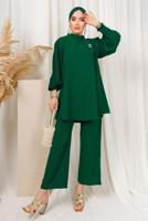 Tesettür giyim YEŞİL KOLU PİLİSE DETAYLI KREP PANTOLONLU TAKIM T 5303