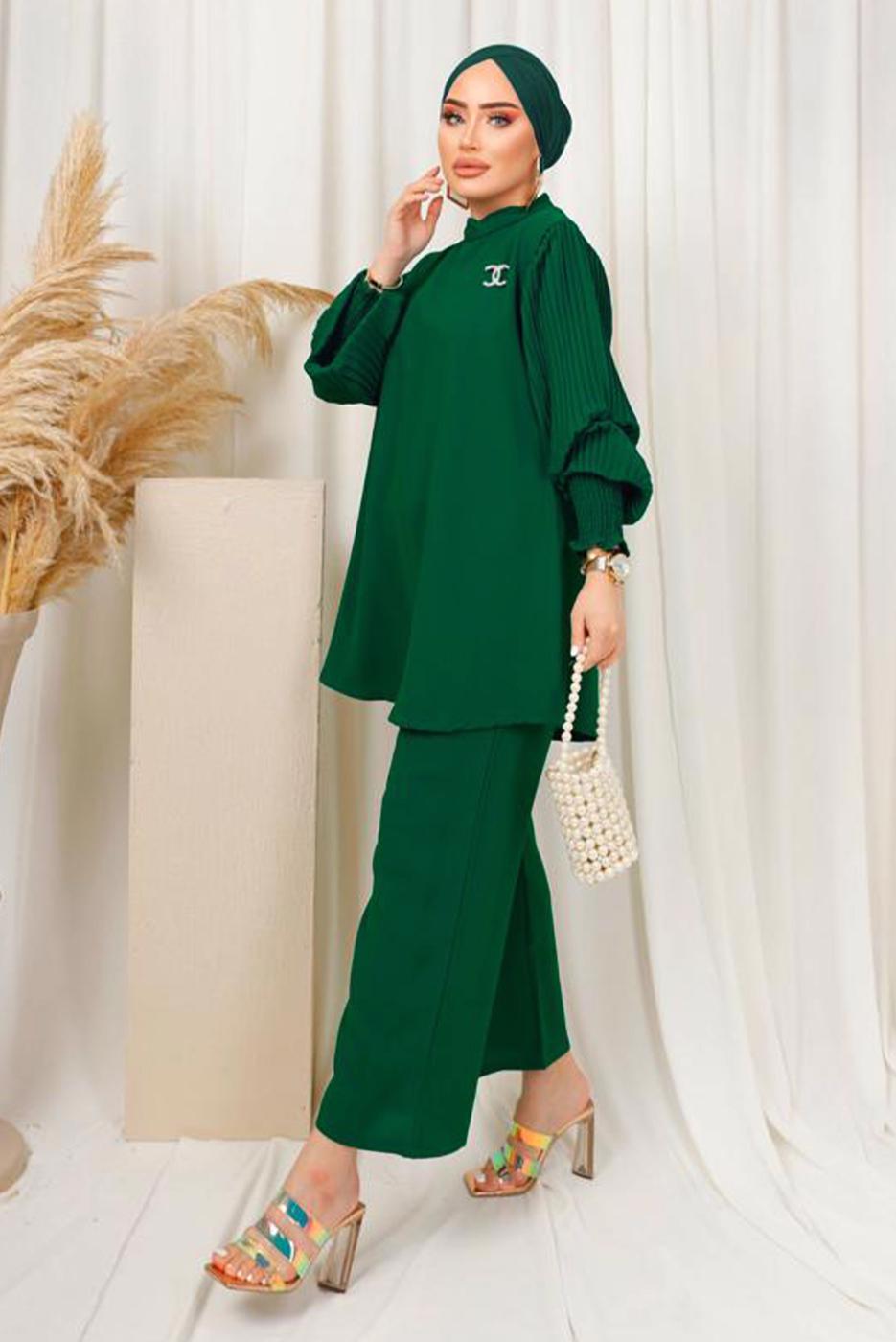 Tesettür giyim YEŞİL KOLU PİLİSE DETAYLI KREP PANTOLONLU TAKIM T 5303