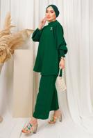 Tesettür giyim YEŞİL KOLU PİLİSE DETAYLI KREP PANTOLONLU TAKIM T 5303