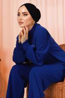 Tesettür giyim LACİVERT KOLU PİLİSE DETAYLI KREP PANTOLONLU TAKIM T 5303