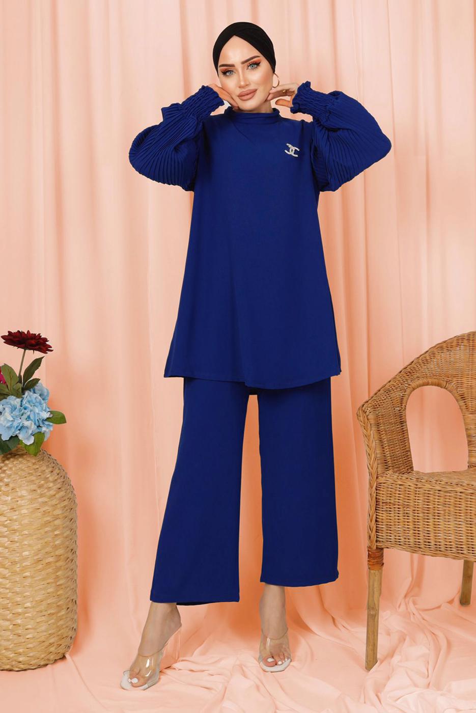 Tesettür giyim LACİVERT KOLU PİLİSE DETAYLI KREP PANTOLONLU TAKIM T 5303