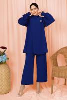 Tesettür giyim LACİVERT KOLU PİLİSE DETAYLI KREP PANTOLONLU TAKIM T 5303