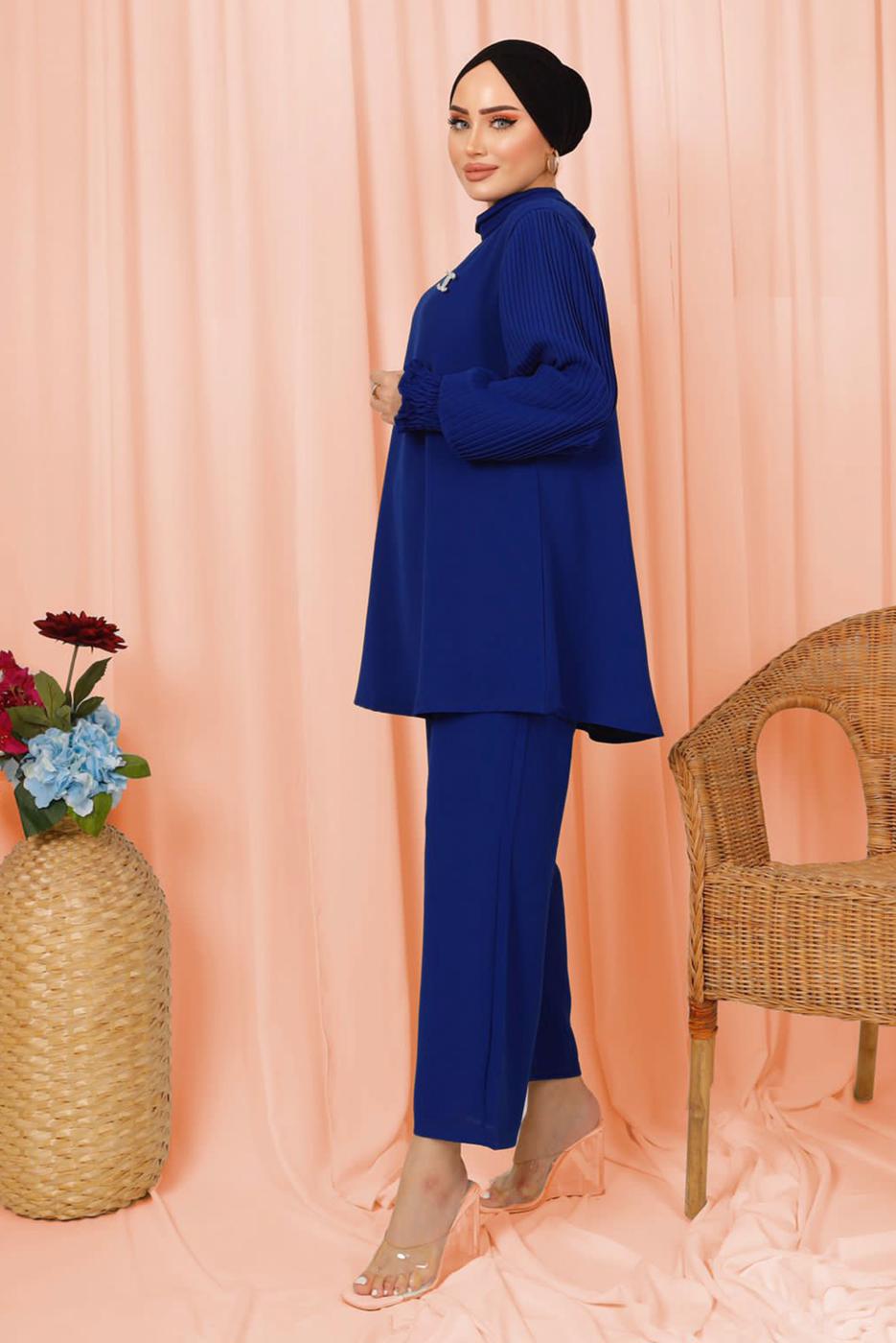 Tesettür giyim LACİVERT KOLU PİLİSE DETAYLI KREP PANTOLONLU TAKIM T 5303