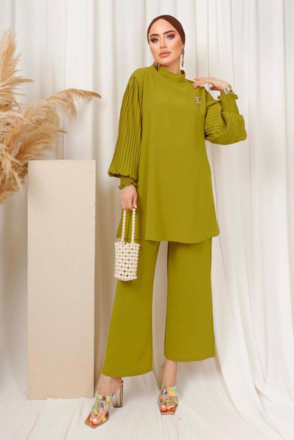 Tesettür giyim YEŞİL KOLU PİLİSE DETAYLI KREP PANTOLONLU TAKIM T 5303