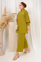 Tesettür giyim YEŞİL KOLU PİLİSE DETAYLI KREP PANTOLONLU TAKIM T 5303