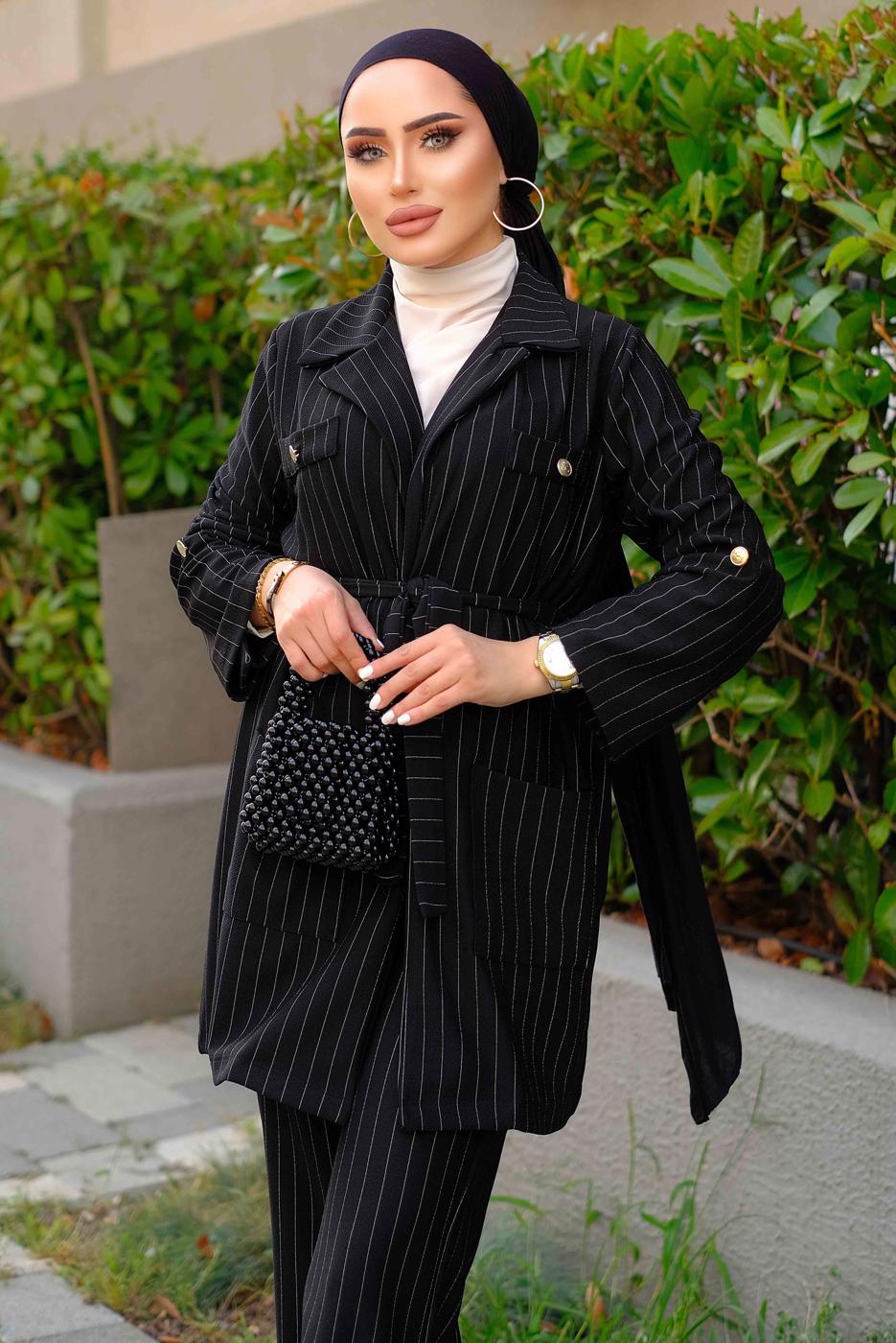 Tesettür giyim SİYAH ÇİZGİLİ KUŞAKLI PANTOLONLU TAKIM T 5333