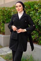 Tesettür giyim SİYAH ÇİZGİLİ KUŞAKLI PANTOLONLU TAKIM T 5333