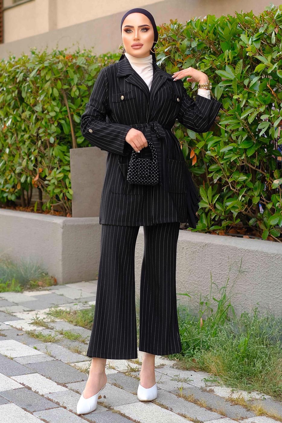 Tesettür giyim SİYAH ÇİZGİLİ KUŞAKLI PANTOLONLU TAKIM T 5333