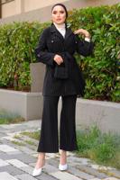 Tesettür giyim SİYAH ÇİZGİLİ KUŞAKLI PANTOLONLU TAKIM T 5333
