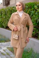 Tesettür giyim KAHVE ÇİZGİLİ KUŞAKLI PANTOLONLU TAKIM T 5333